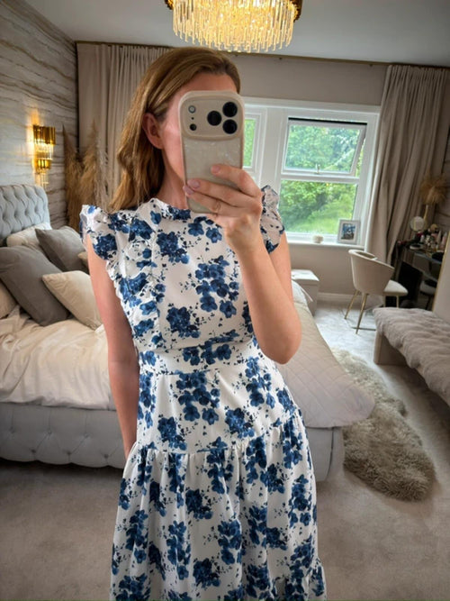 Anne Louise Boutique Gardenia White & Navy Floral Midi Dress 8