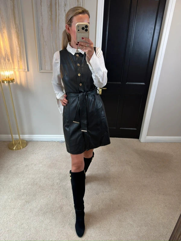 F&F Black Faux Leather Belted Dress 10