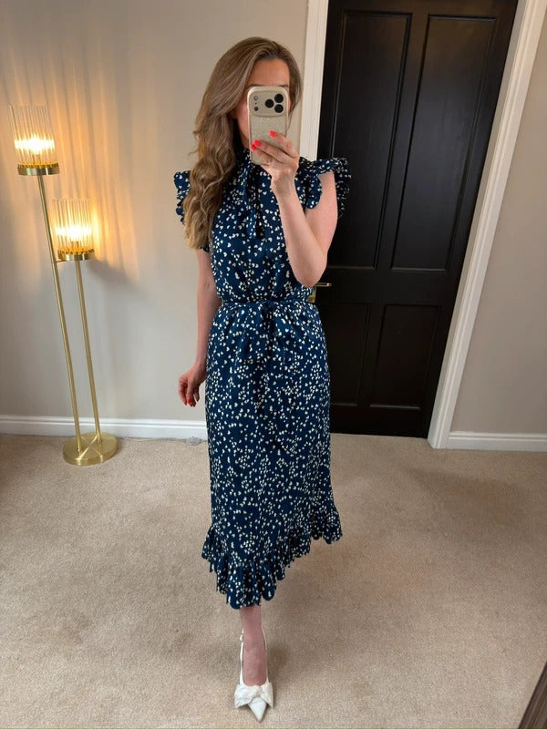 Anne Louise Boutique Navy & White Heart Frill Midi Dress 10