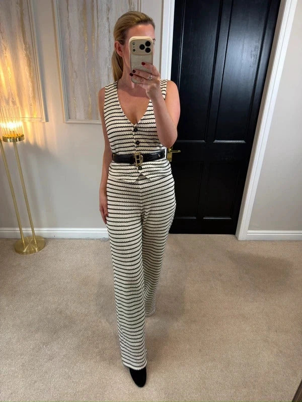 Mango Black & Cream Stripe Crochet Knitted Co Ord Set M/L