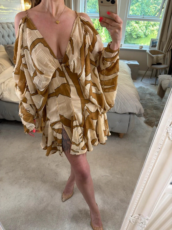 ASOS Beige & Brown Boho Gold Chain Open Back Mini Dress 10