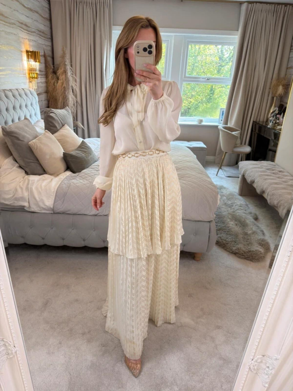 Cream & Gold Pleated Tiered Maxi Skirt XS