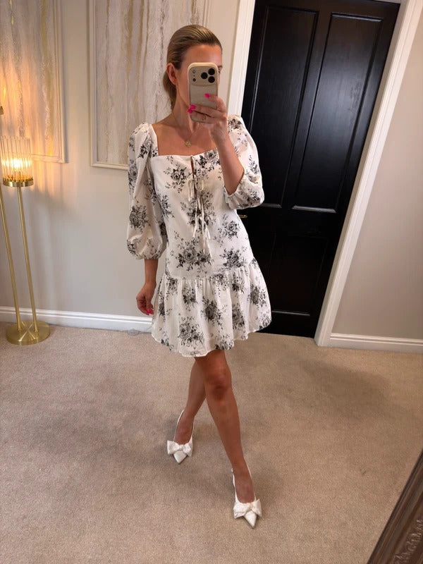 H&M White Floral Tie Front Drop Hem Dress Medium BNWT