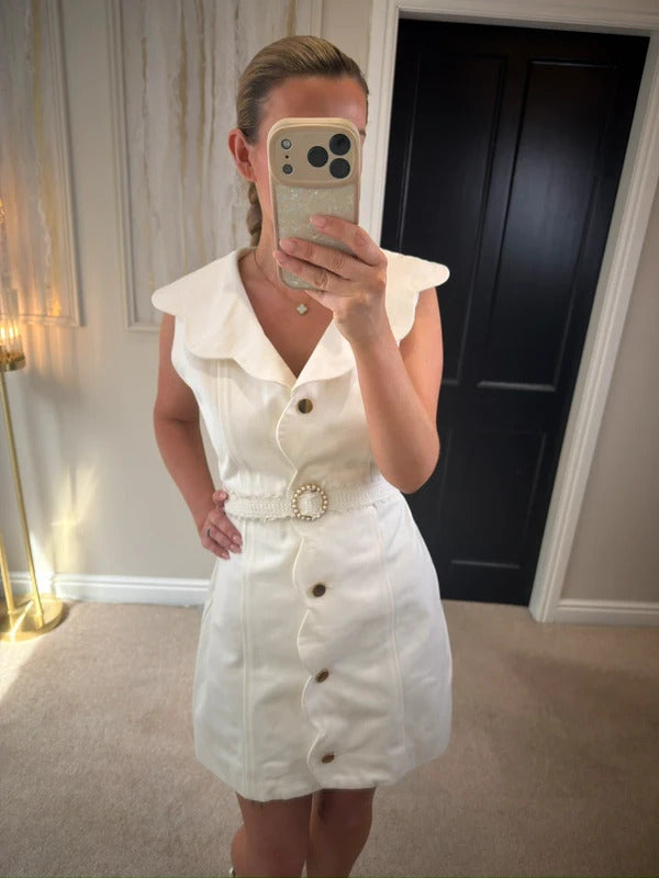 BNWT Vita Grace Sharna Scallop Hem White Denim Mini Dress Medium