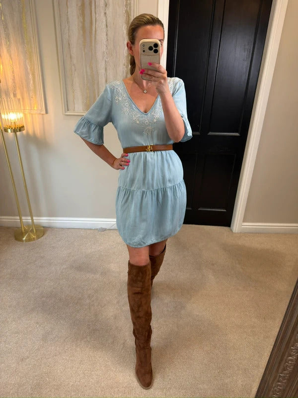 Accessorize XS Light Denim Embroidered Boho Mini Dress XS