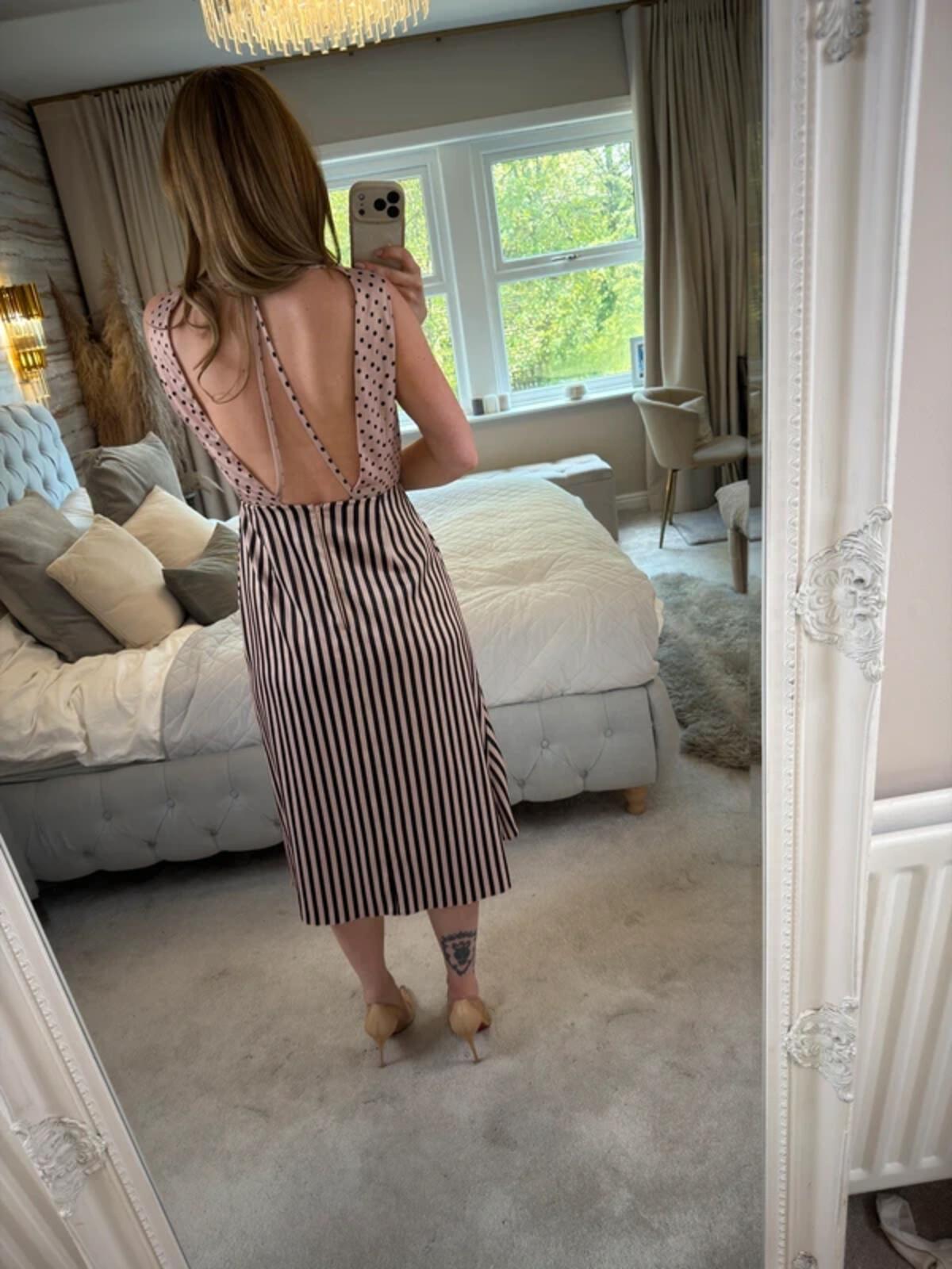 ASOS Pink & Black Spotty & Stripe Open Back Plunge Midi Dress 10