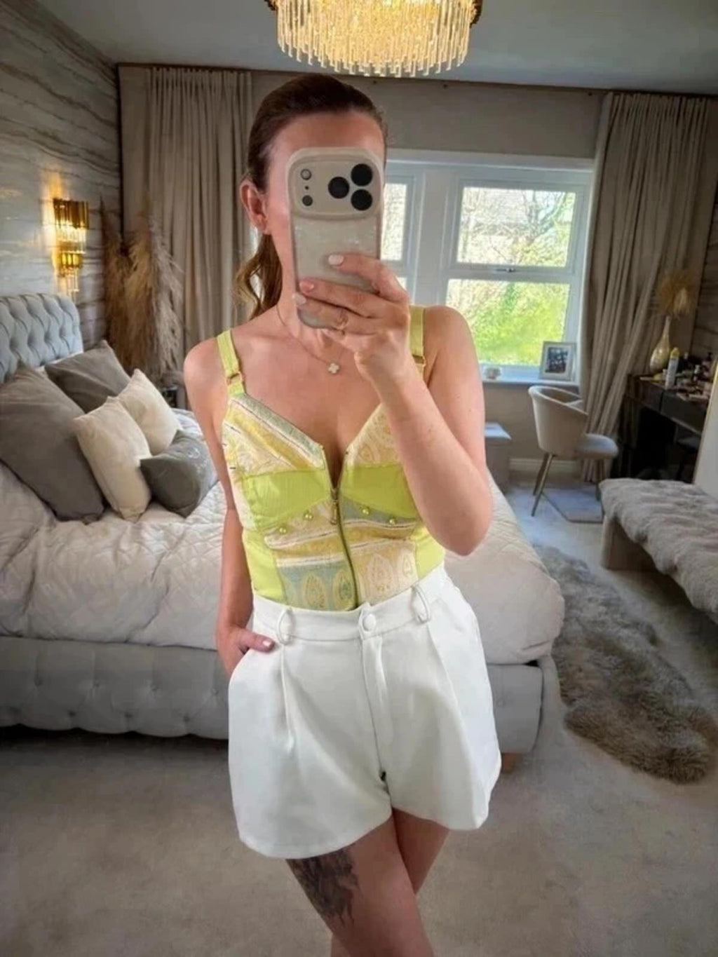 Vintage Bleu D’Azur Lime Green Embellished Blouse Medium