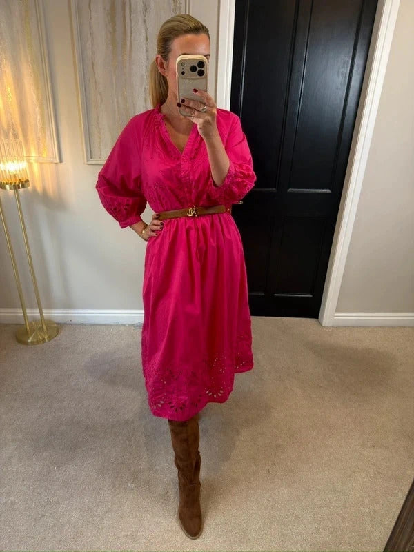 M&S Pink Broderie Anglaise Midi Dress 14