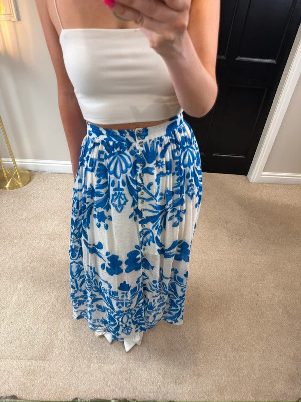 H&M Blue & White Floral Midi Skirt XS