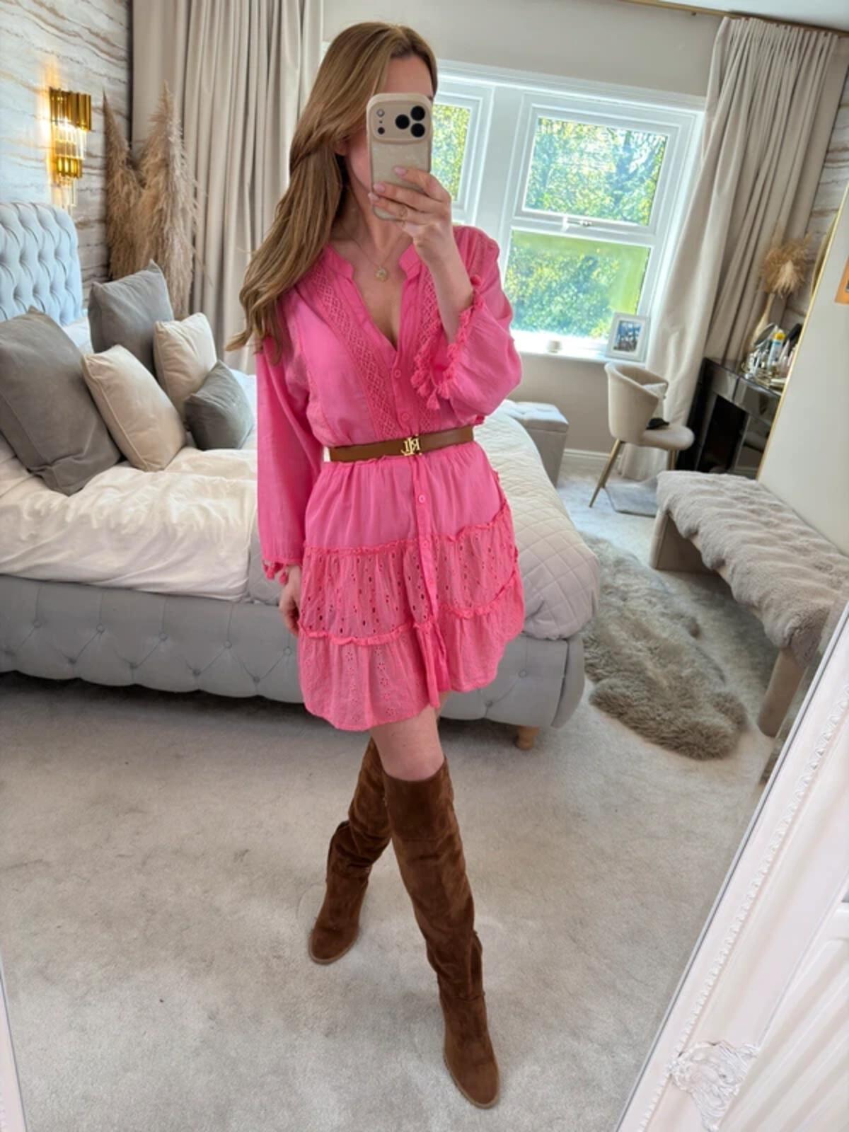 American Flirt Pink 100% Cotton Mini Dress Large