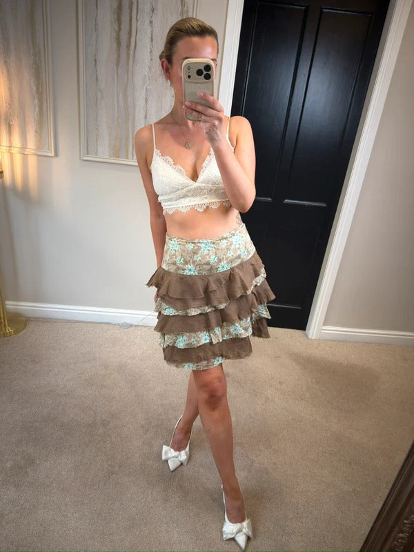 Vintage Jigsaw Brown & Blue Frill Layered Skirt 8
