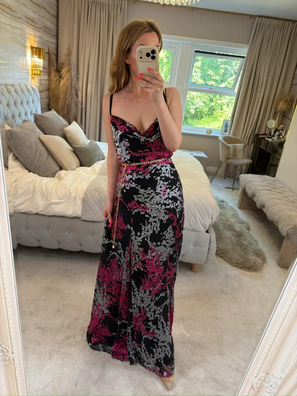 Monsoon Vintage 90s Black Floral Cowl Maxi Dress 14