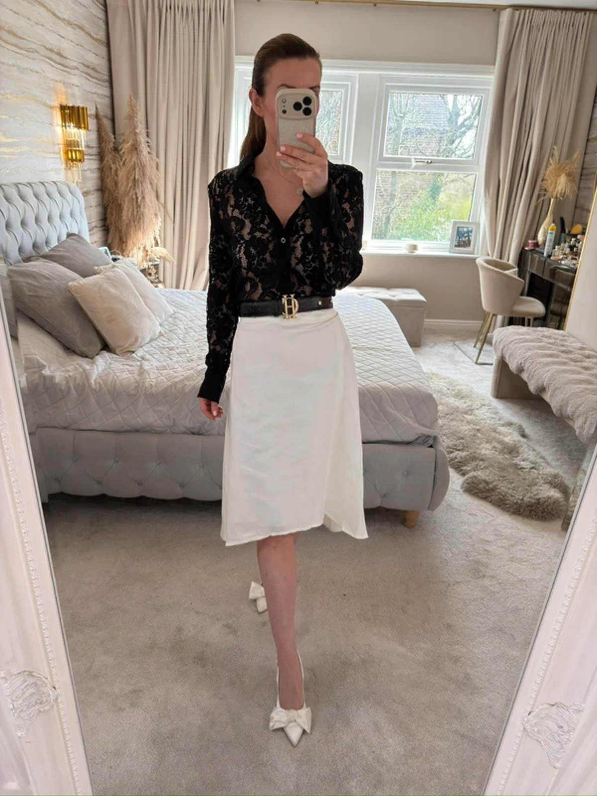 M&S White Linen Blend Dip Hem Midi Skirt 12