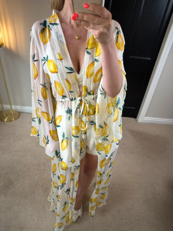 Alexandra Miro Chloe Gown Sorento White Lemon Maxi Kimono Small