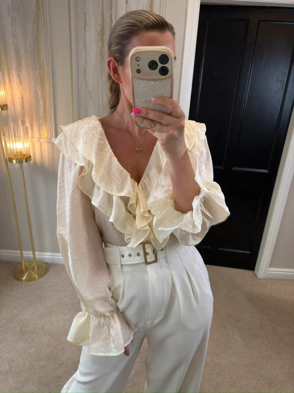 M&S Cream Frill Textured Blouse 18