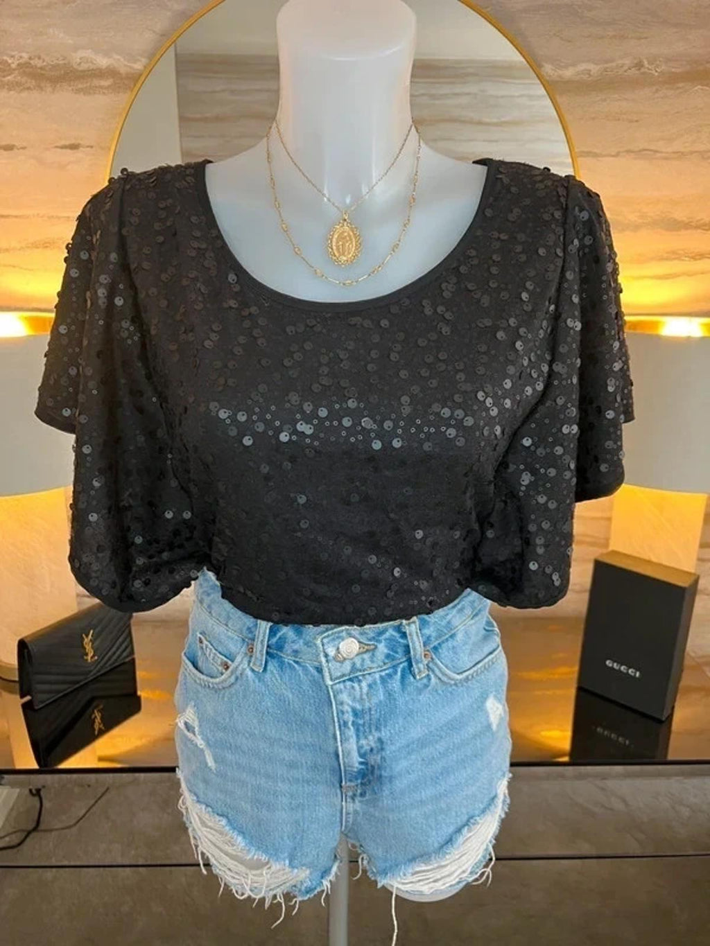 Eci New York Black Sequin Blouse Large