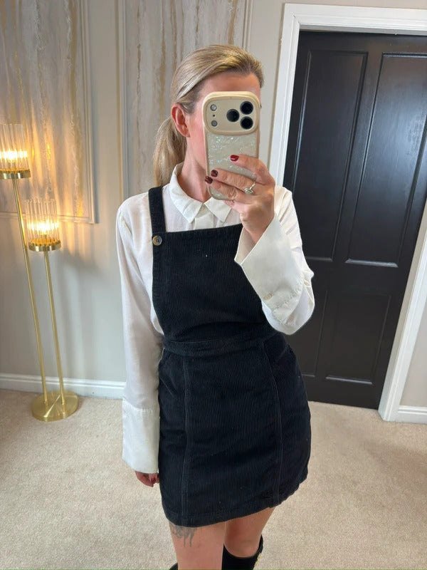 Topshop Black Corduroy Pinafore Dress 8