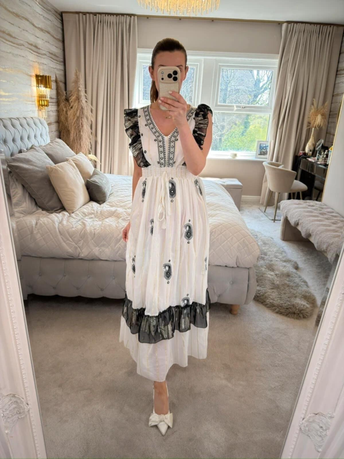 Boutique White & Black Boho Embellished Dress One Size
