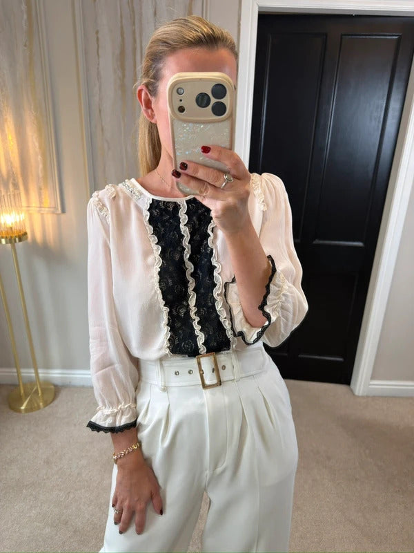River Island Cream & Black Lace Frill Embellished Blouse 14