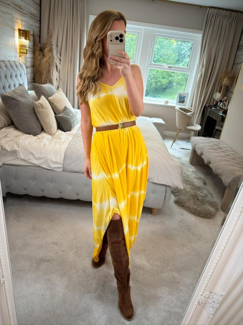 Boutique Yellow Tie Dye Dip Hem Dress One Size