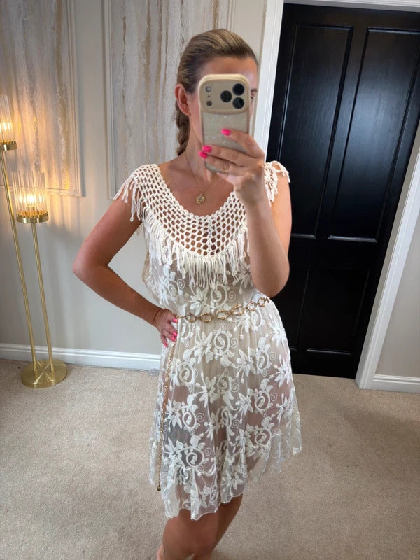 Boutique Ivory Sheer Lace Fringe Mini Dress One Size
