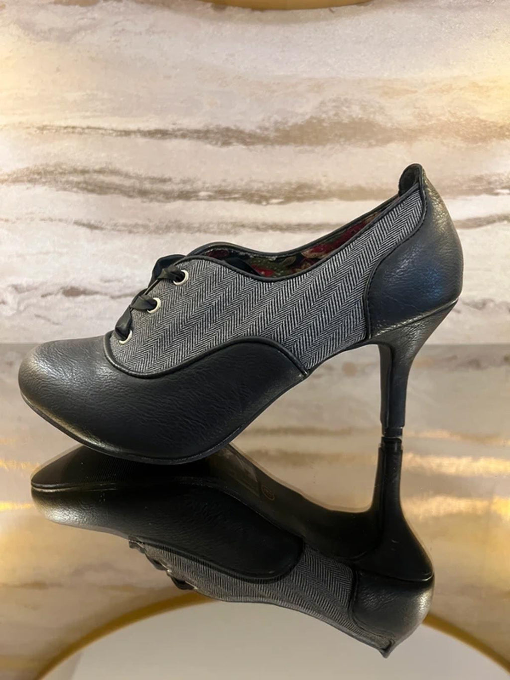 Joe Browns Black & Grey Herringbone Ribbon Lace Heels 6