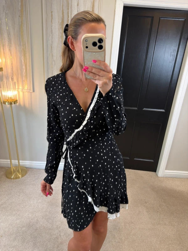 Nobody’s Child Black & White Polka Dot Frill Wrap Dress Size 8