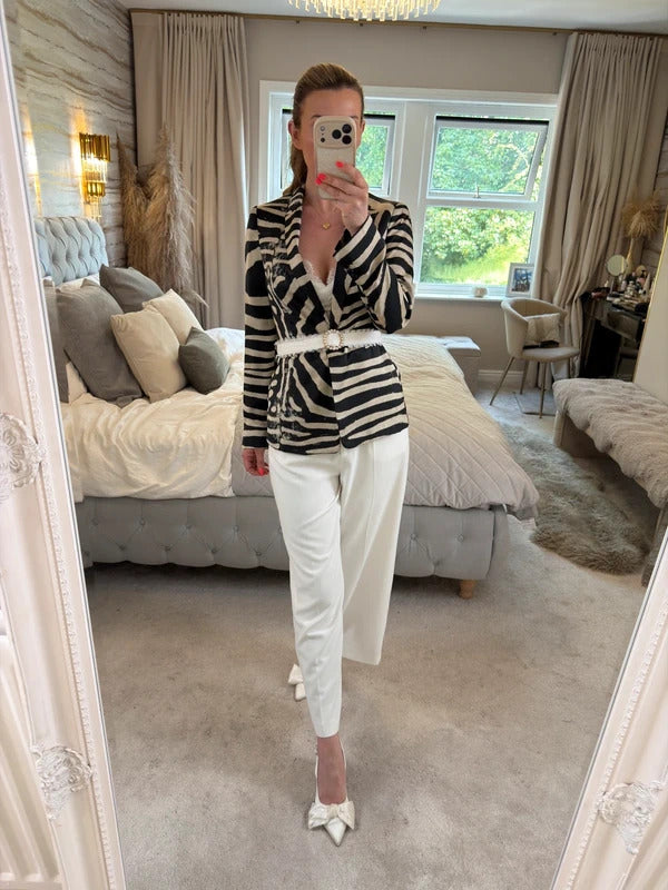Zara Black & Cream Animal Print Blazer Small