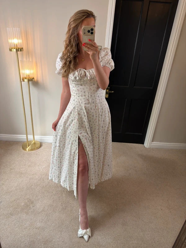 BNWT House of CB Tallulah White Floral Puff Sleeve Midi Dress