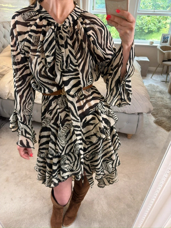 ARRI Black & Cream Sheer Dip Hem Frill Animal Print Dress 10