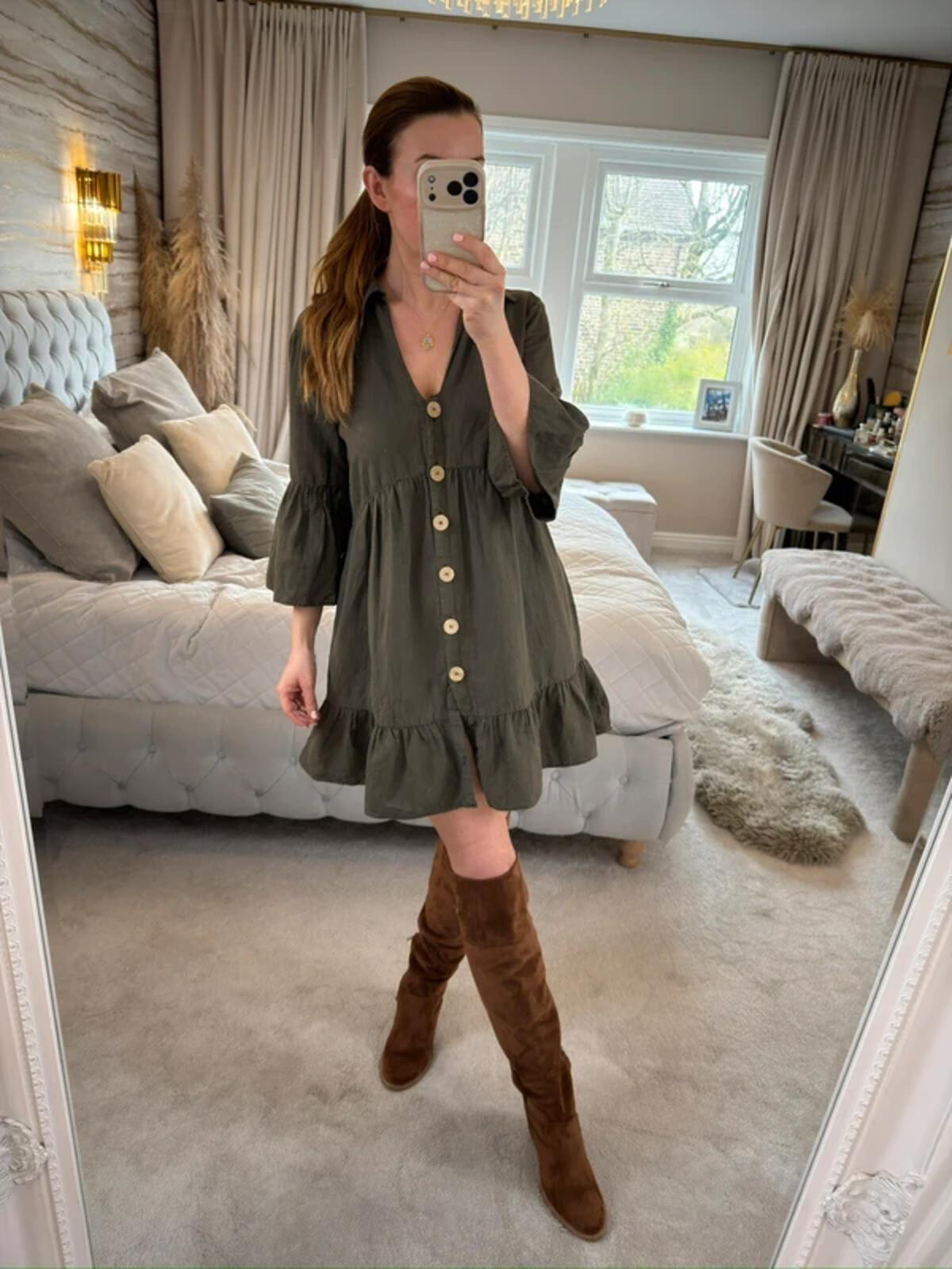 Zara Khaki Linen Blend Boho Shirt Dress Small