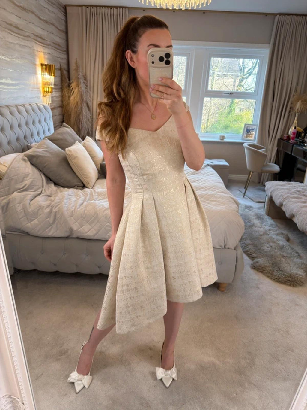 Coast Ivory & Gold Dip Hem Dress 12