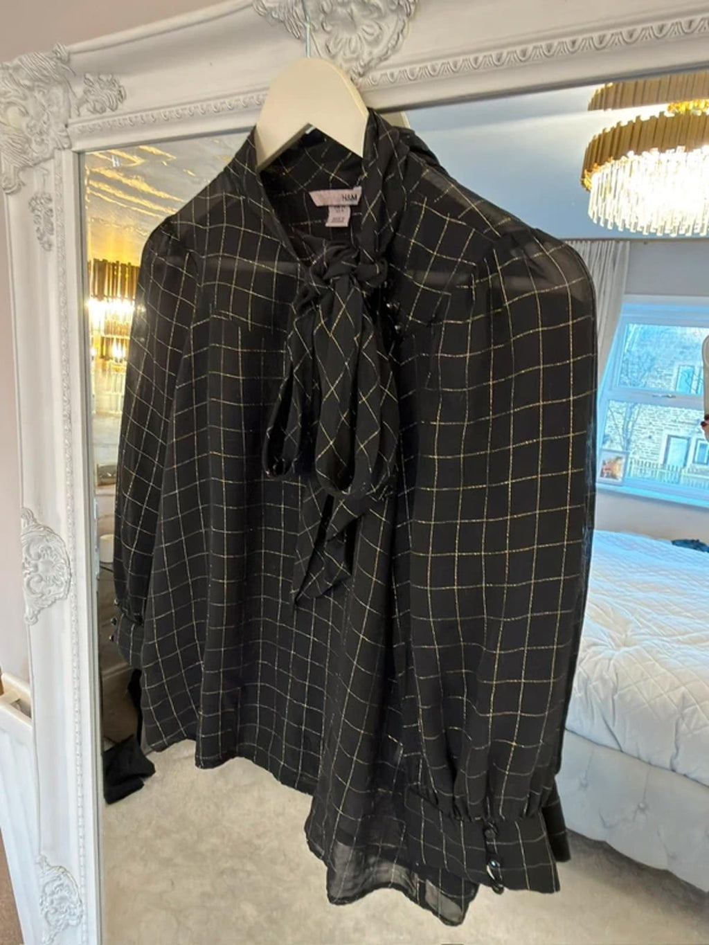 H&M Vintage Sheer Black & Gold Pussy Bow Blouse 10