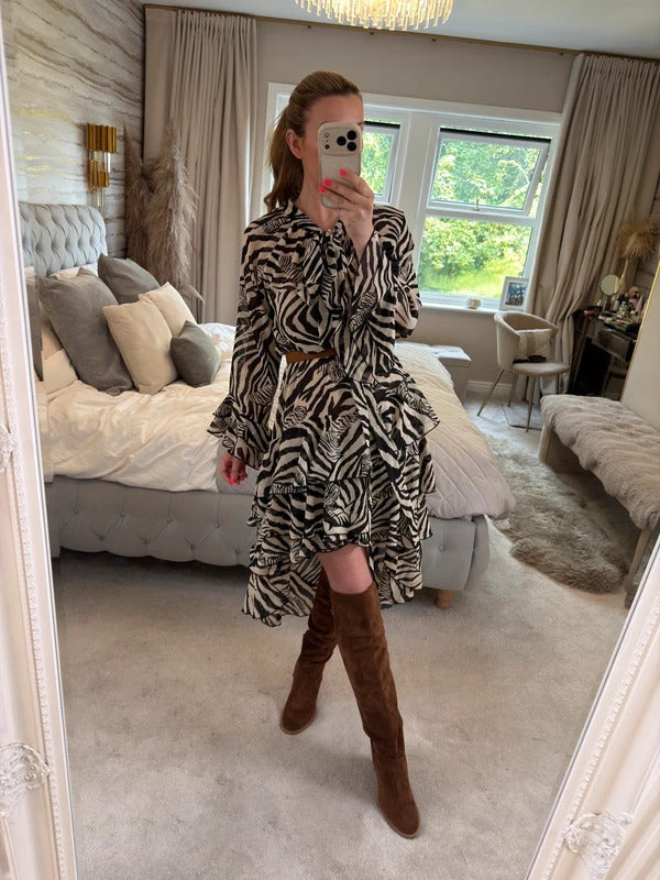 ARRI Black & Cream Sheer Dip Hem Frill Animal Print Dress 10