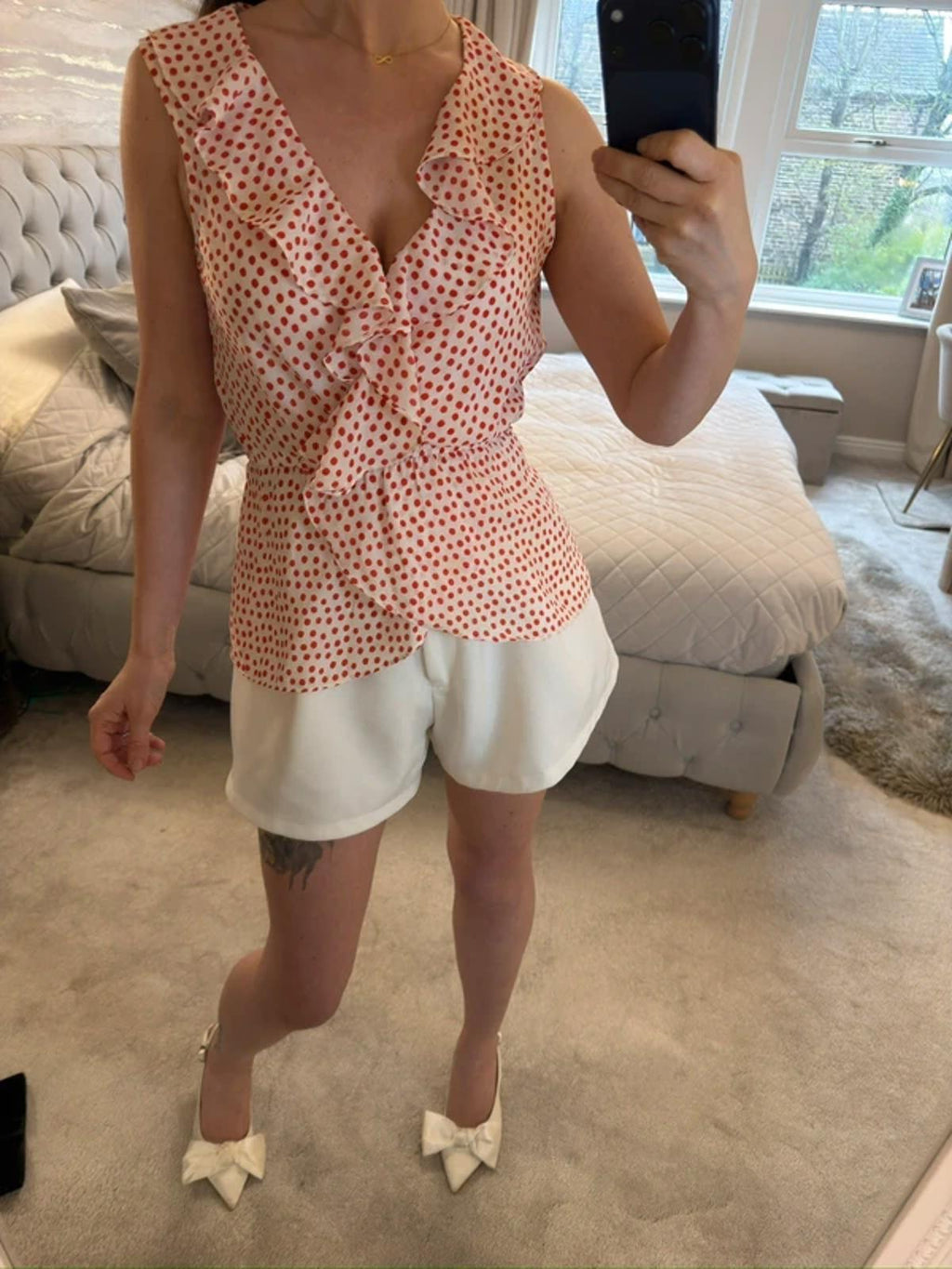 Max Studio Cream & Red Polka Dot Frill Blouse XS