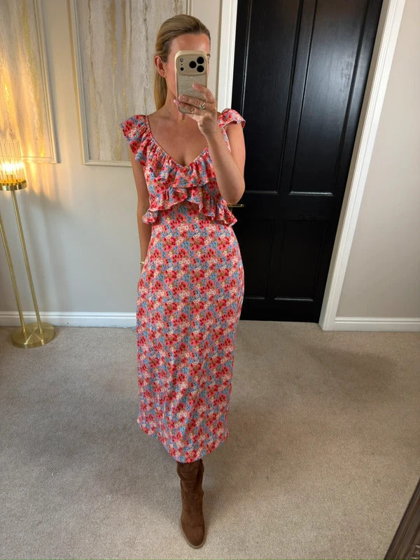 F&F Multicoloured Floral Frill Midi Dress 10