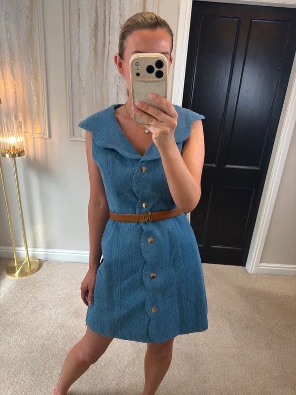 BNWT Vita Grace Sharna Scallop Hem Denim Mini Dress Size Medium