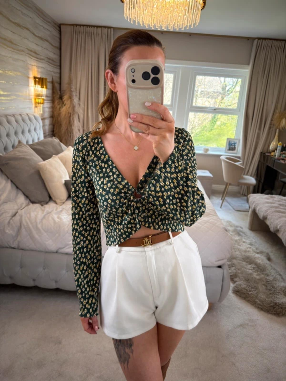 Urban Outfitters Green Floral Plisse Ring Top XS