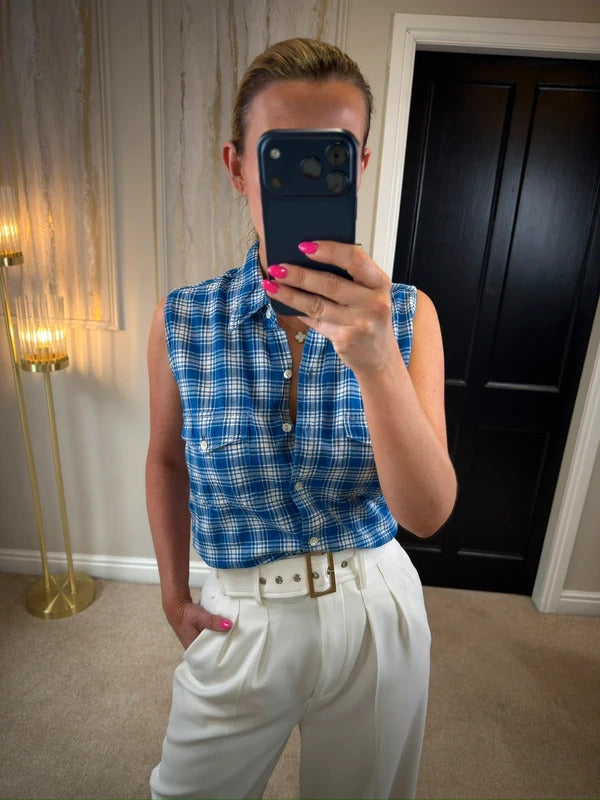 Vintage Etam Blue Check Sleeveless Shirt Size 10