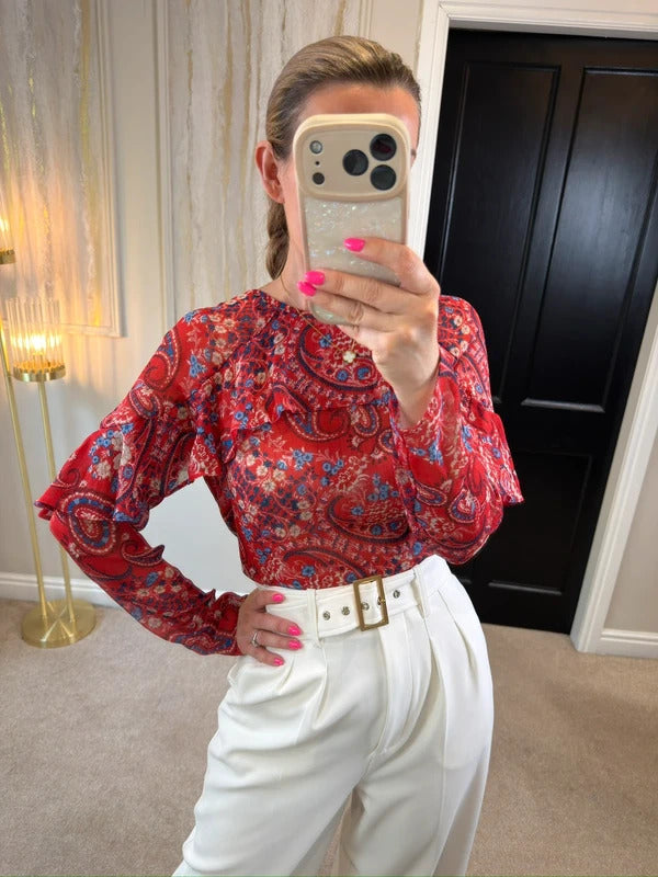 Papaya Red & Blue Sheer Paisley Frill Blouse 10