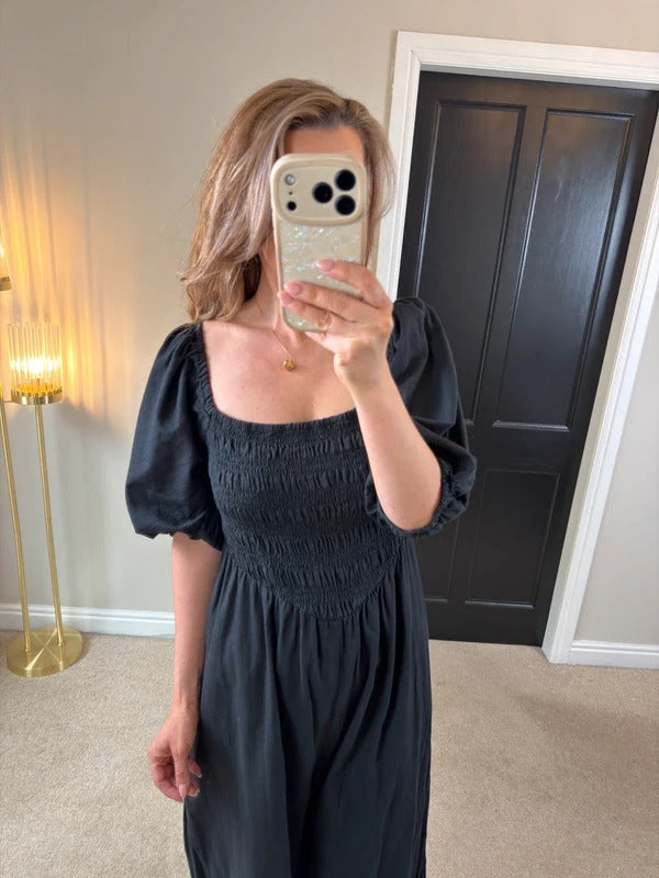 ASOS Navy Cotton & Linen Blend Wide Leg Cropped Jumpsuit 14/16