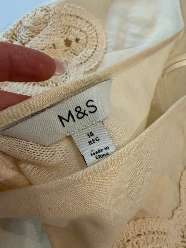 M&S Cream Linen Blend Crochet Blouse 14
