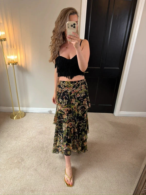 M&S Black Floral Tiered Maxi Skirt 10