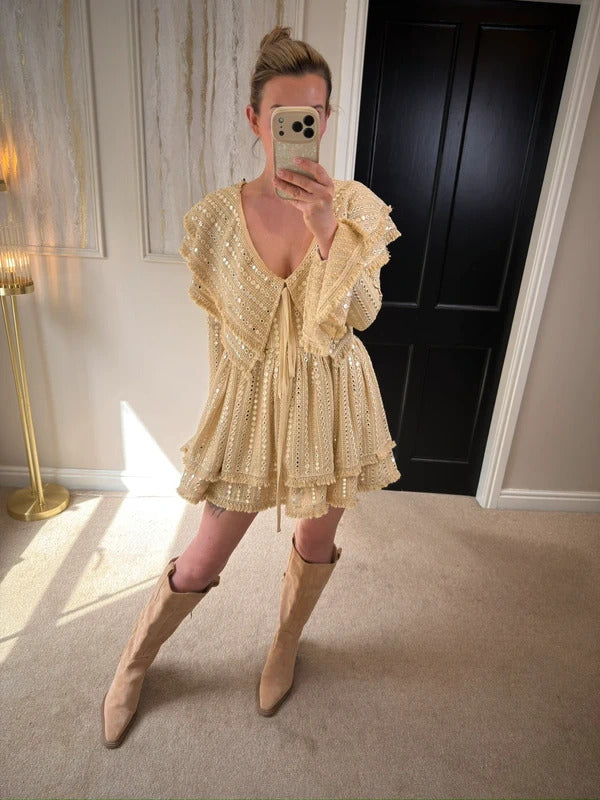 Gypsabella Beige / Gold Portia Boho Embellished Dress Small