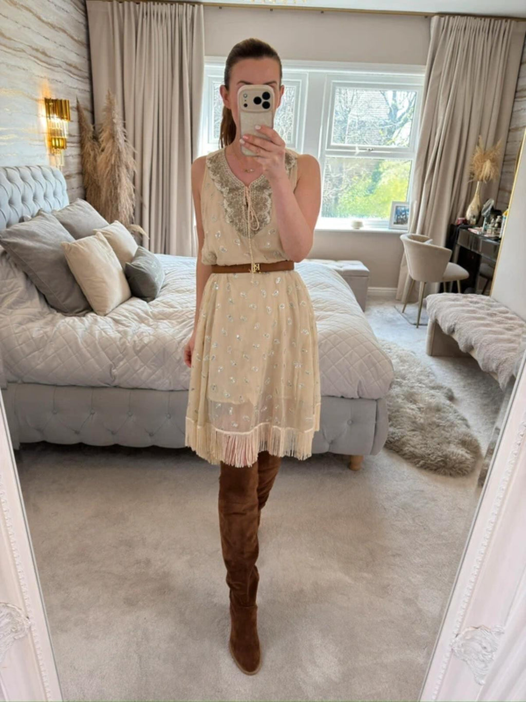 ⭐ Shilpavan Decor Exclusive Beige Boho Tassel Embellished Dress Medium