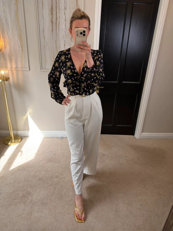 Zara Black Floral Print Frill Blouse XS