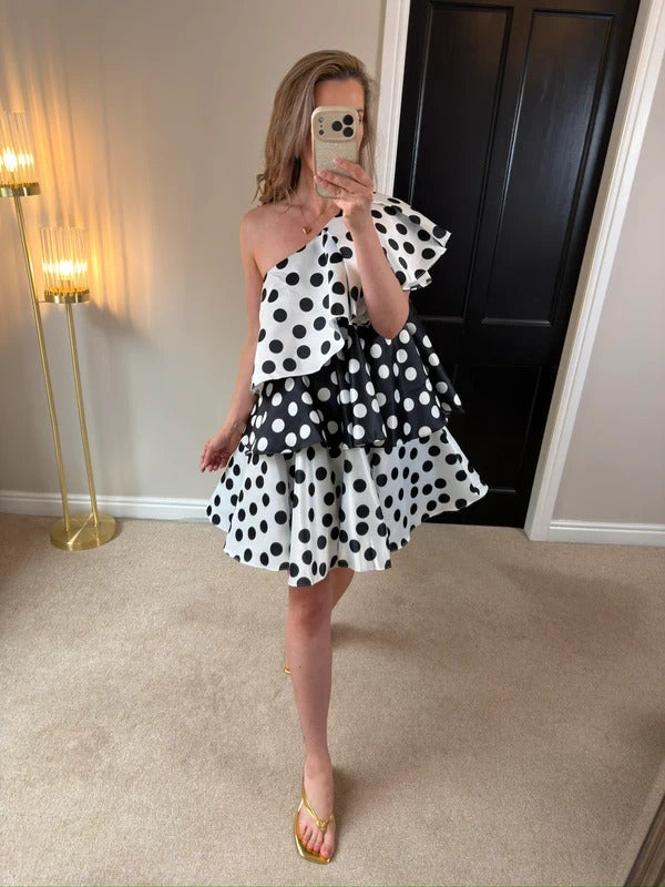 BNWT Forever Unique Black & White Polka Dot Layered One Shoulder Dress 8
