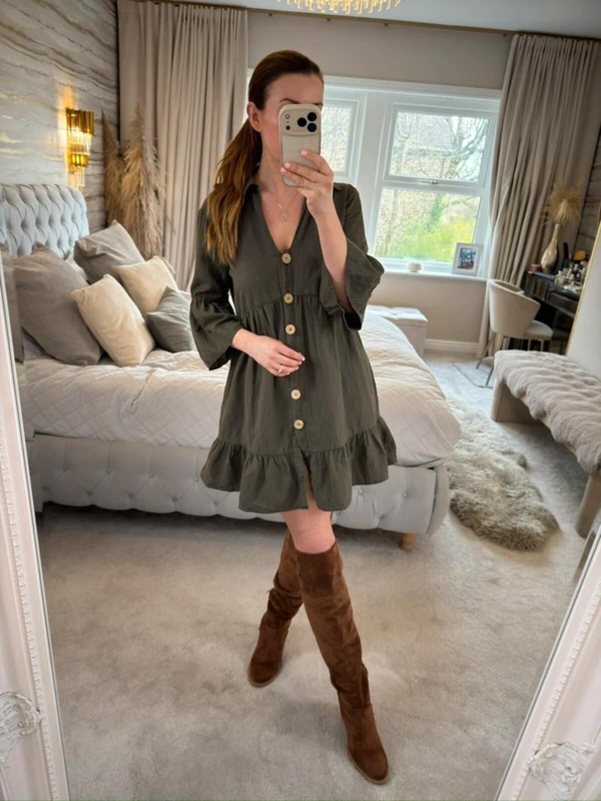 Zara Khaki Linen Blend Boho Shirt Dress Small