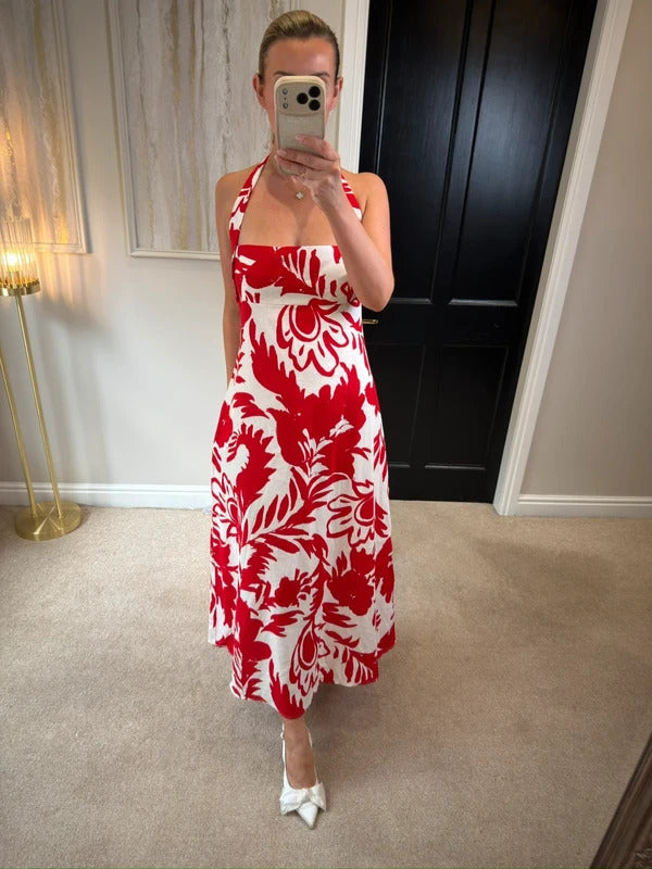 BNWT Zara Red & White Linen Blend Dress Large