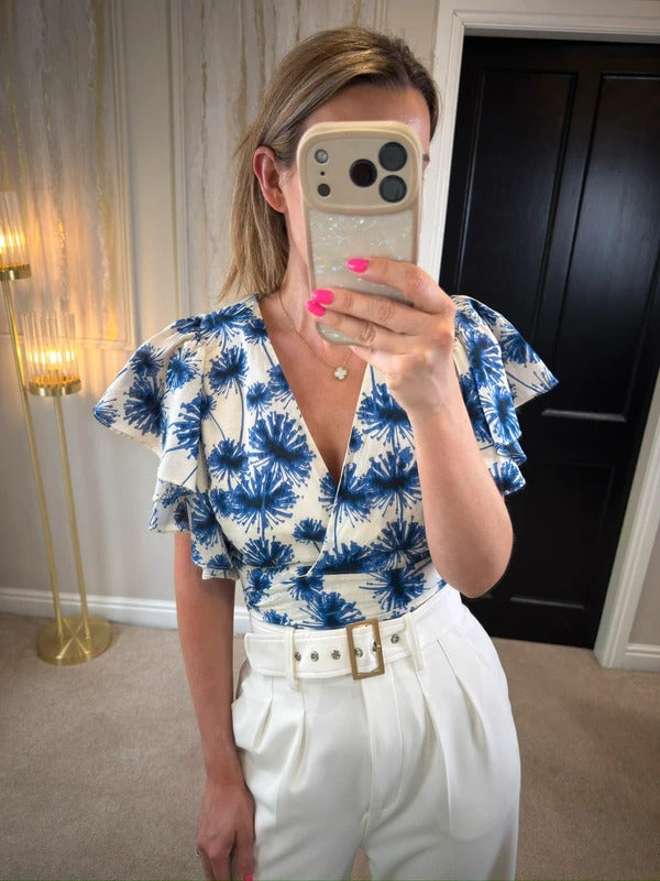 Zara Blue & White Frill Wrap Blouse Small